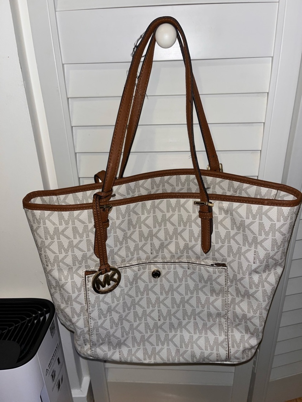 Michael Kors White Logo Canvas Tote with brown leather trim